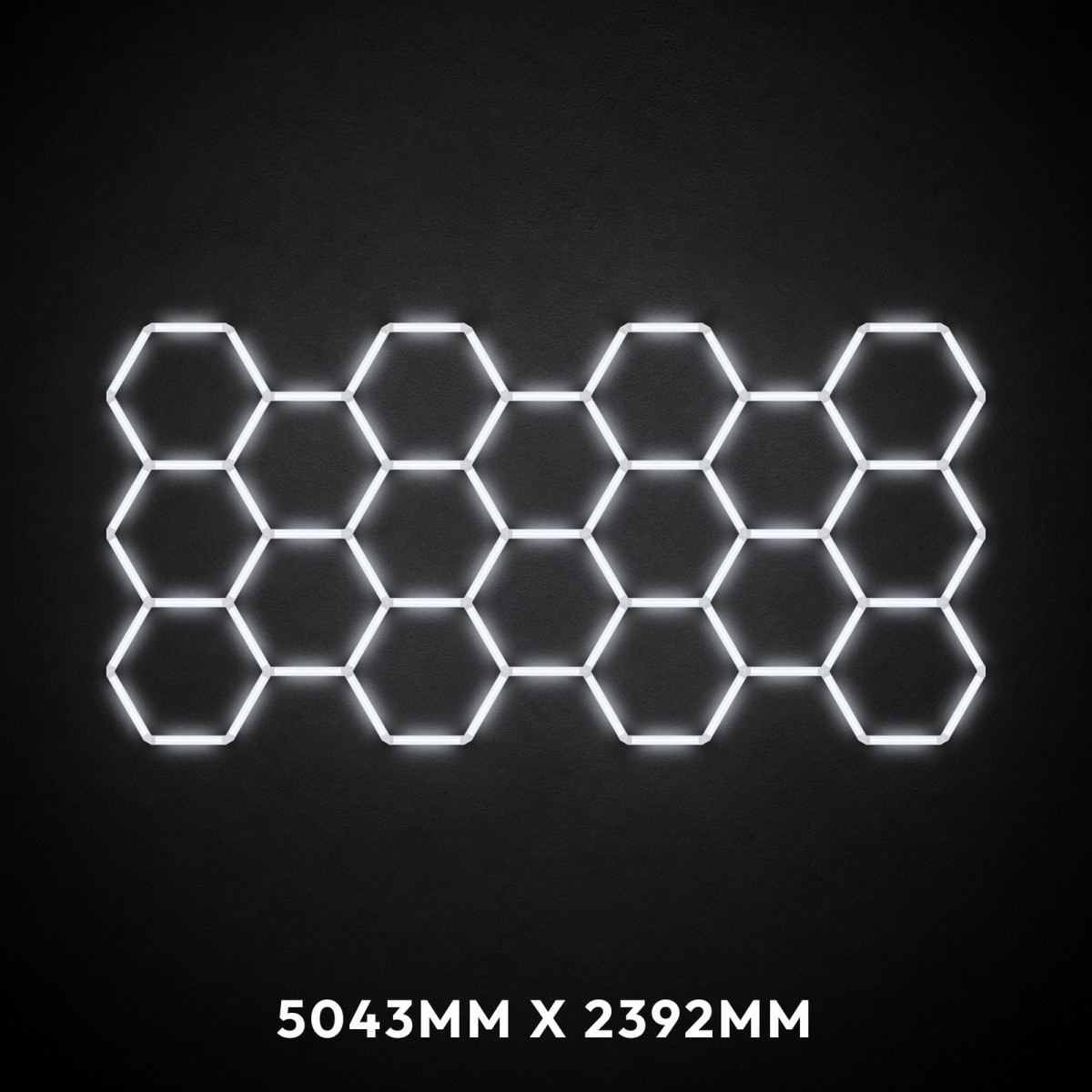 18pc Hexagon LED Lighting Grid switched on, 5043 x 2392mm overall