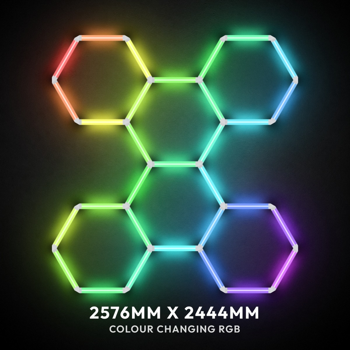 6pc Hexagon LED RGB Lighting Grid switched on, 2576 x 2444mm overall