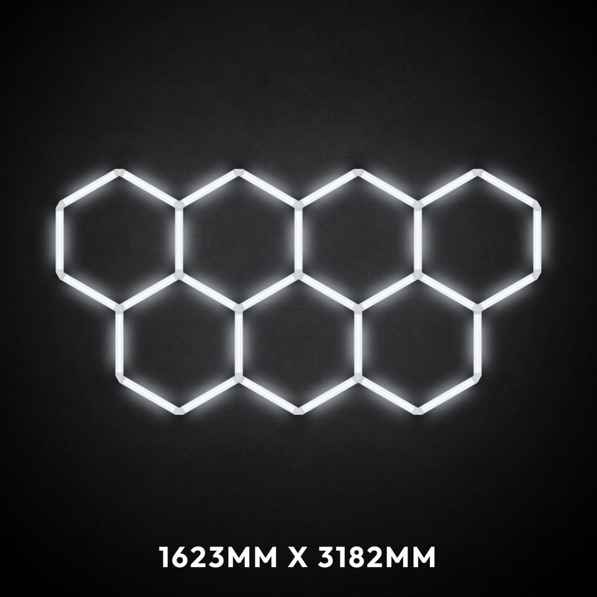 7pc Hexagon LED Lighting Grid 2 switched on, 1623 x 3182mm overall