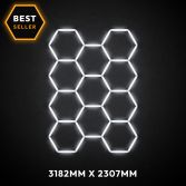 11pc Hexagon LED Lighting Grid switched on, 3182 x 2307mm overall