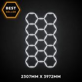 14pc Hexagon LED Lighting Grid switched on, 2307 x 3972mm overall