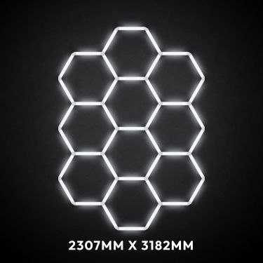 10pc Hexagon LED Lighting Grid switched on, 2307 x 3182mm overall