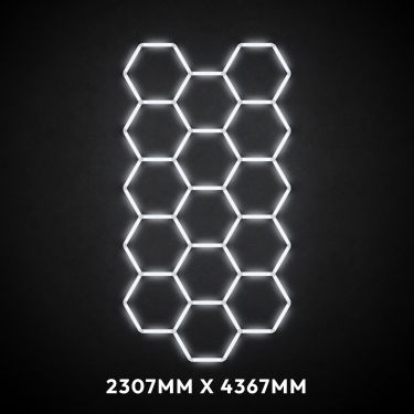 15pc Hexagon LED Lighting Grid switched on, 2307 x 4367mm overall