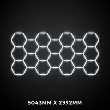 18pc Hexagon LED Lighting Grid switched on, 5043 x 2392mm overall