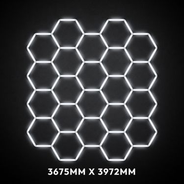 22pc Hexagon LED Lighting Grid switched on, 3675 x 3972mm overall