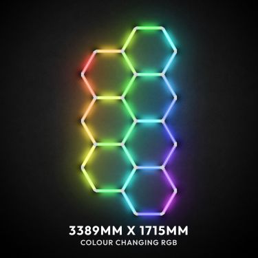 7pc Hexagon LED RGB Lighting Grid switched on, 3389 x 1715mm overall