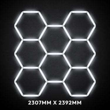 8pc Hexagon LED Lighting Grid switched on, 2307 x 2392mm overall
