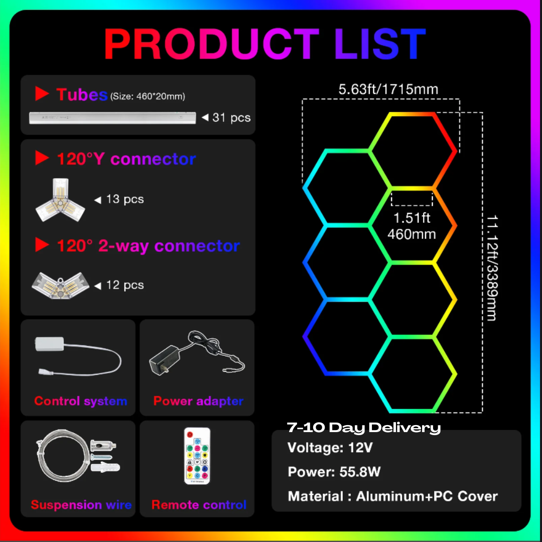 7pc Hexagon LED RGB Lighting Grid