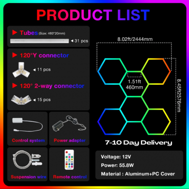 6pc Hexagon LED RGB Lighting Grid